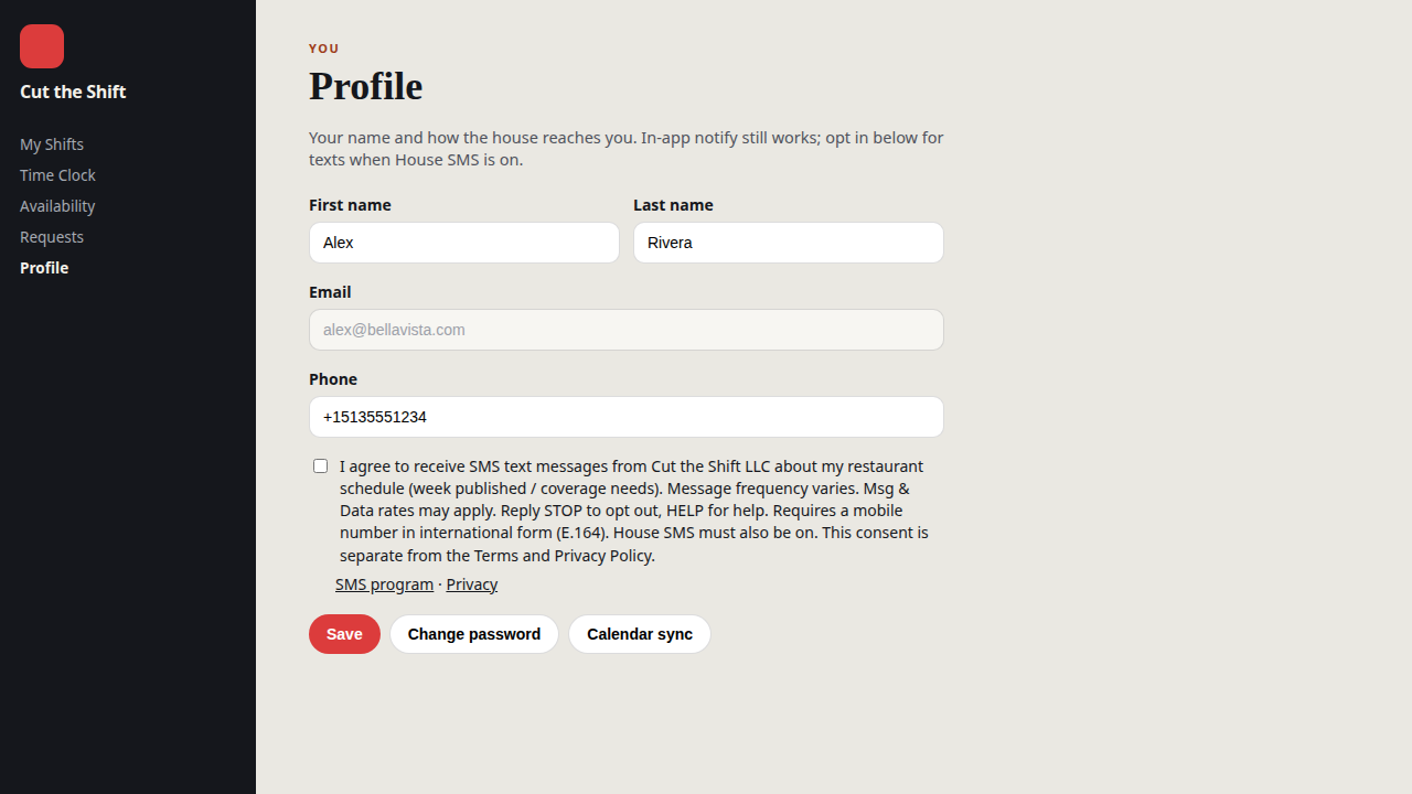 Historical Cut the Shift Profile screenshot; SMS opt-in is unavailable in this beta